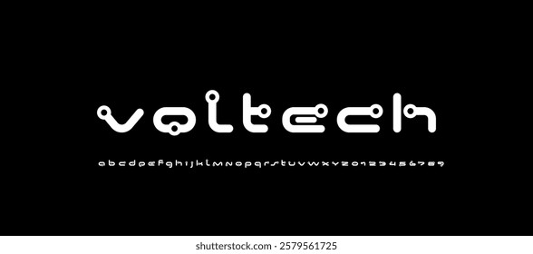 Technical future font, digital cyber alphabet, white letters A to Z and numerals 0 to 9, vector illustration 10EPS.