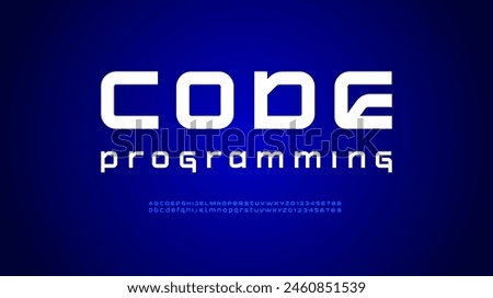 Technical future font, digital cyber alphabet, lowercase and uppercase thick letters A, B, C, D, E, F, G, H, I, J, K, L, M, N, O, P, Q, R, S, T, U, V, W, X, Y, Z and numbers 0, 1, 2, 3, 4, 5, 6, 7, 8,