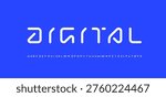 Technical future font, trendy digital cyber alphabet, letters from A, B, C, D, E, F, G, H, I, J, K, L, M, N, O, P, Q, R, S, T, U, V, W, X, Y, Z and numbers from 0, 1, 2, 3, 4, 5, 6, 7, 8, 9 for design, vector illustration 10EPS