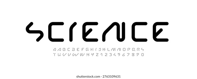 Technische Zukunftsschriftart, trendige digitale Cyber-Alphabete, Buchstaben von A, B, C, D, E, F, G, H, I, J, K, L, M, N, O, P, Q, R, S, T, U, V, W, X, Y, Z und Zahlen von 0, 1, 2, 3, 4, 5, 6, 7, 8, 9 für Design, Vektorgrafik 10EPS