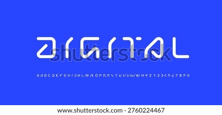Technical future font, trendy digital cyber alphabet, letters from A, B, C, D, E, F, G, H, I, J, K, L, M, N, O, P, Q, R, S, T, U, V, W, X, Y, Z and numbers from 0, 1, 2, 3, 4, 5, 6, 7, 8, 9 for design, vector illustration 10EPS