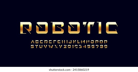 Technical future golden font, digital cyber alphabet, gold bright letters from A to Z and numbers from 0 to 9 for interface design, vector illustration 10EPS