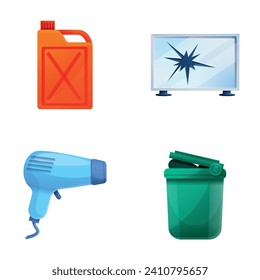 Technical garbage icons set cartoon vector. Old home appliance. Recycling concept