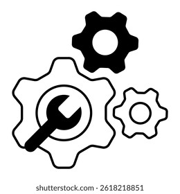Technical Gear Configuration. Multiple gear icons with wrench for system and software setup tasks