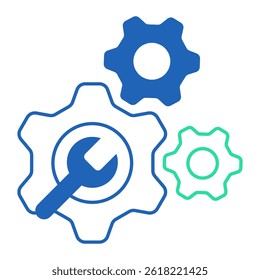 Technical Gear Configuration. Multiple gear icons with wrench for system and software setup tasks