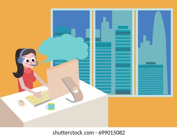 Technical girl support by phone, woman with headset, flat design illustration