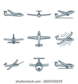 Technical glider plane silhouettes and aviation perspective views.