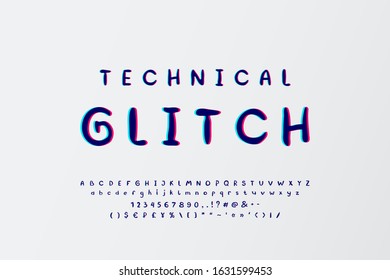 Technical glitch Alphabet. Hand drawn vector typeface with stereo effect. Uppercase and lowercase letters, numbers, marks. Abstract modern font, digital distortion style