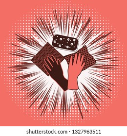 Technical gloves, napkins, sponge - on an abstract coral background - flat style - vector. Cleaning service