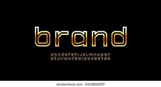 Technical golden font, digital cyber alphabet, gold lowercase letters A, B, C, D, E, F, G, H, I, J, K, L, M, N, O, P, Q, R, S, T, U, V, W, X, Y, Z and numerals 0, 1, 2, 3, 4, 5, 6, 7, 8, 9 outlines st