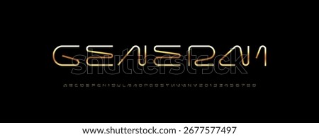 Technical golden thin font, digital cyber alphabet, trendy metallic letters A, B, C, D, E, F, G, H, I, J, K, L, M, N, O, P, Q, R, S, T, U, V, W, X, Y, Z and numbers 0, 1, 2, 3, 4, 5, 6, 7, 8, 9