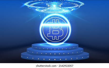 Technical graph of Bitcoin in futuristic concept Neon bitcoin on a dark blue background. Abstract vector image.
