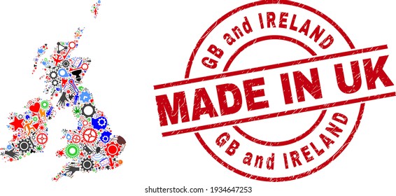 Technical Great Britain and Ireland map mosaic and MADE IN distress stamp seal. Great Britain and Ireland map mosaic composed with wrenches, gear wheels, instruments, components, transports,