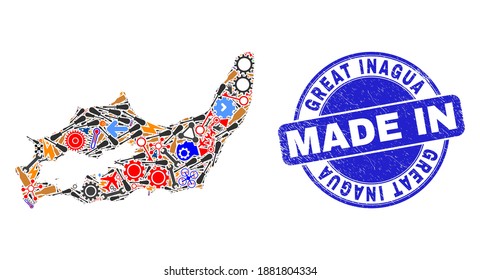 Technical Great Inagua Island map mosaic and MADE IN grunge seal. Great Inagua Island map mosaic formed with spanners,wheel,instruments,,keys,airplanes,aircrafts,air planes,aviation symbols,