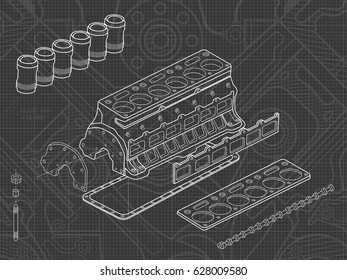 Technical grey background with drawings of details and mechanisms.Engine line drawing background. Vector illustration