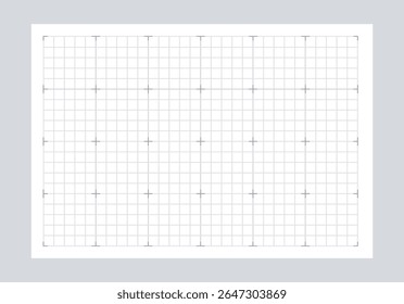 Technical grid paper layout with calibration marks, minimalistic graphic style, shown on a light grey background. Concept of measurement and precision. Vector illustration