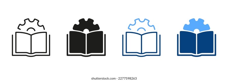 Technical Guide Book and Color Pictogram. Customer Guide Technical Documentation. User Manual Document Line and Silhouette Icon Set. Open Book and Gear Symbol Collection. Isolated Vector Illustration.