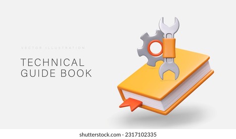 Technical guide book, manual paper. Collection of instructions. 3D hardcover book, wrench, gear. Vector poster with place for advertising text, slogan. Professional help
