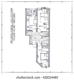 Technical Hand Drawn Architectural Floor Plan Of One Bedroom Apartment. Design Concept