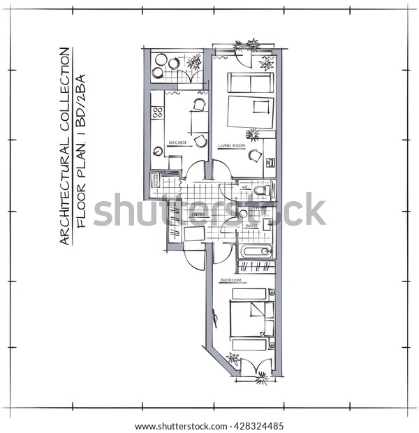 Technical Hand Drawn Architectural Floor Plan Stock Vector