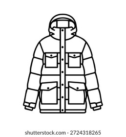 Chaqueta técnica resistente de la parka del invierno con los bolsillos múltiples y la Ilustración vectorial de la silueta de la moda de la capucha para el equipo del senderismo de la montaña