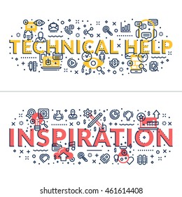 Technical Help and Inspiration headings, titles. Horizontal colored flat vector illustration.