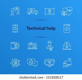 Technical help line icon set. Wrench, gear, smartphone, computer. Digital gadgets concept. Can be used for topics like online help, service center, repair