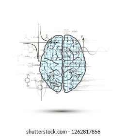 Technical hemisphere of human brain in top view, right side of brain functions concept on white