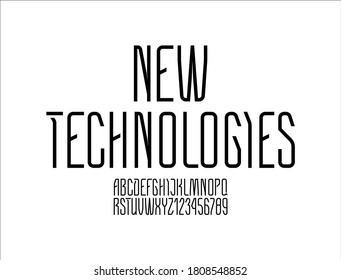 Technical high black font, condensed tall thin modern alphabet, trendy uppercase Latin letters from A to Z and Arab numbers from 0 to 9 for you designs, vector illustration 10EPS