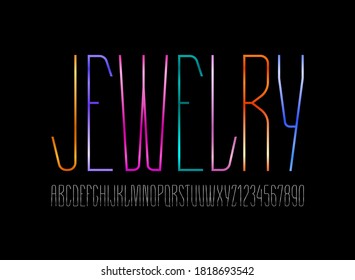 Technical high font, condensed tall thin modern alphabet from precious wire, trendy uppercase Latin letters from A to Z and Arab numbers from 0 to 9 for you designs, vector illustration 10EPS