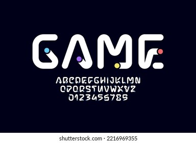 Technical high font, space alphabet, uppercase Latin letters from A to Z and Arab numbers from 0 to 9 witn color dot, vector illustration 10EPS