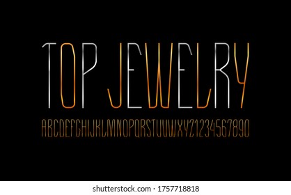 Technical high golden font, condensed tall thin modern alphabet from precious wire, trendy uppercase Latin letters from A to Z and Arab numbers from 0 to 9 for you designs, vector illustration 10EPS