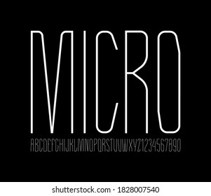 Technical high white font, condensed tall ultra thin alphabet, uppercase Latin letters from A to Z and Arab numbers from 0 to 9 for you designs, vector illustration 10EPS