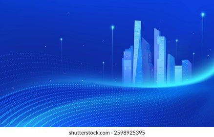 Technical horizontal illustrations abstract wavy lines and silhouettes of cities