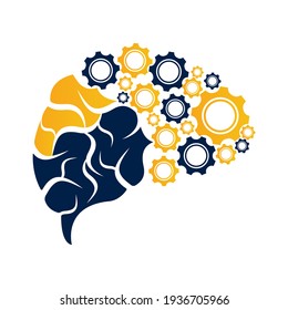 Technical human gears brain vector design. Digital human brain shape with gears idea concept innovation genius.
