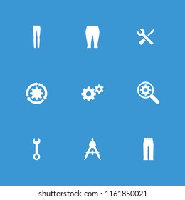 Technical icon. collection of 9 technical filled icons such as compass, woman pants, gear, gear rotate, wrench. editable technical icons for web and mobile.