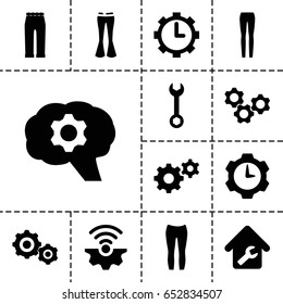 Technical icon. set of 13 filled technicalicons such as woman pants, wrench, gear, clock in gear