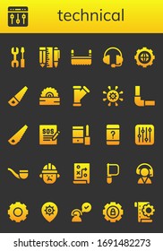 technical icon set. 26 filled technical icons.  Simple modern icons such as: Settings, Tools, Saw, Support, Pipe, Pipeline, Configuration, Customer service, Architect, Planning
