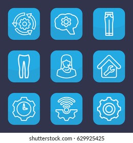 Technical icon. set of 9 outline technical icons such as woman pants, customer support, home repair, gear    sign symb