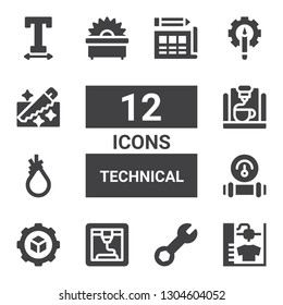 technical icon set. Collection of 12 filled technical icons included d printer, Wrench, Settings, Manometer, Tool, Saw, Text width, Blueprint