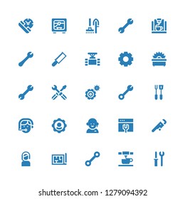 technical icon set. Collection of 25 filled technical icons included Tools, d printing, Wrench, Architecture, Customer service, Settings, Phone operator, Saw, Pipe, d printer