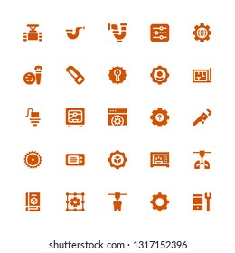 technical icon set. Collection of 25 filled technical icons included Configuration, Settings, d printer, Microwave, Saw, Wrench, Architecture, Tools, Pipe