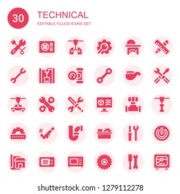 technical icon set. Collection of 30 filled technical icons included Wrench, Power, d printer, Setting, Saw, Manometer, Pipe, Tools, Settings, Cogwheel, Blueprint, Microwave