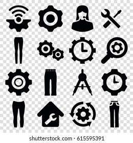 Technical icons set. set of 16 technical filled icons such as compass, woman pants, wrench and screwdriver, customer support, clock in gear, home repair