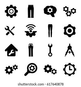 Technical icons set. set of 16 technical filled icons such as compass, woman pants, wrench, gear, wrench and screwdriver, clock in gear, home repair