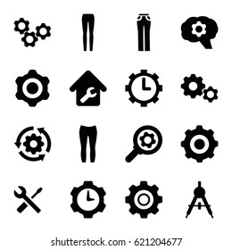 Technical icons set. set of 16 technical filled icons such as compass, woman pants, wrench and screwdriver, clock in gear, home repair
