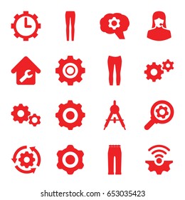 Technical icons set. set of 16 technical filled icons such as compass, woman pants, gear, customer support, clock in gear