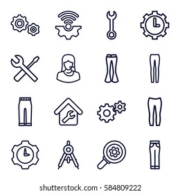 technical icons set. Set of 16 technical outline icons such as compass, woman pants, wrench, gear, wrench and screwdriver, customer support, clock in gear