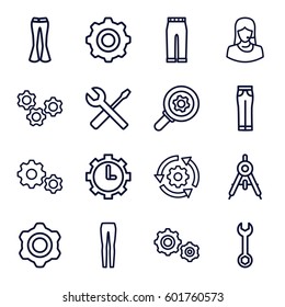 technical icons set. Set of 16 technical outline icons such as compass, woman pants, wrench, wrench and screwdriver, customer support, clock in gear