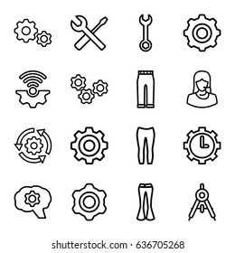 Technical icons set. set of 16 technical outline icons such as compass, woman pants, wrench, wrench and screwdriver, customer support, clock in gear